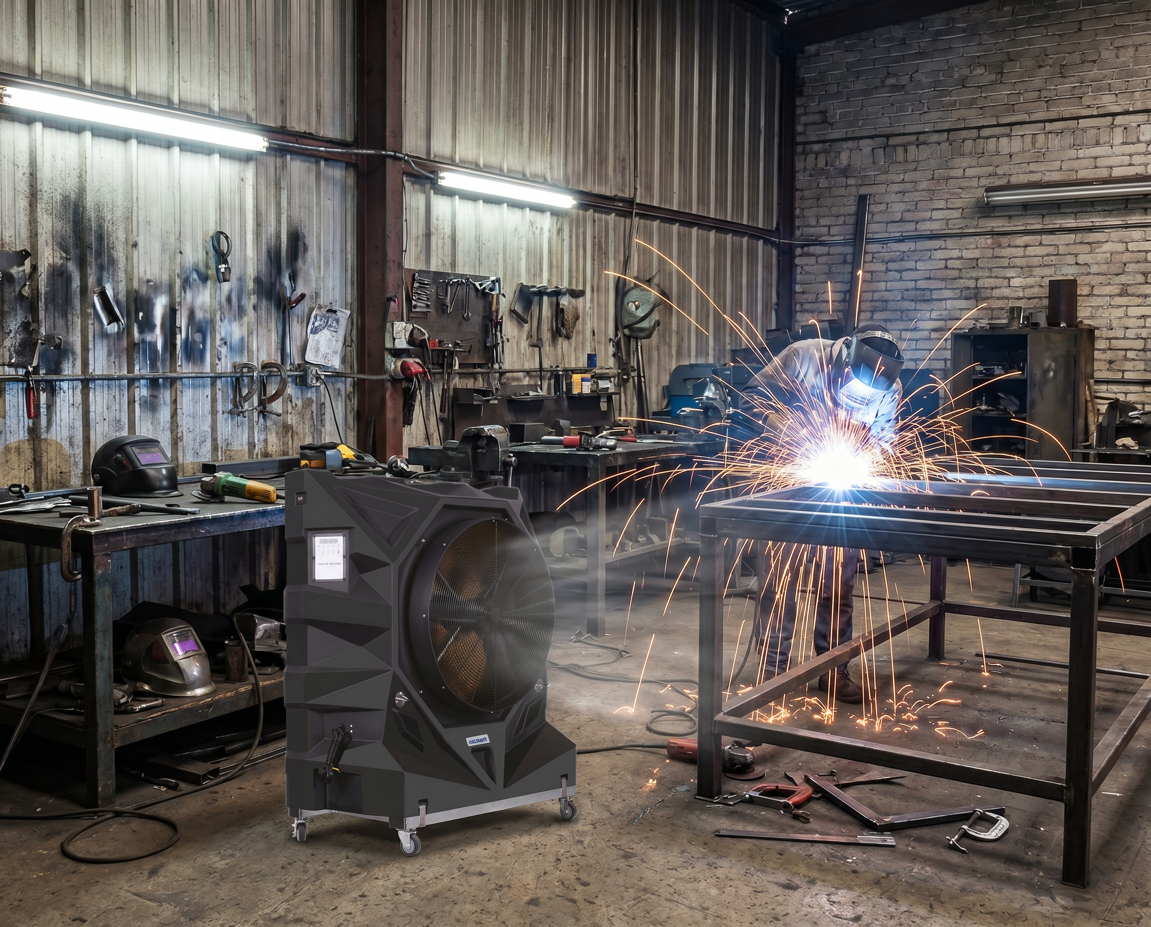 Aire lavado industrial portátil mejorando el ambiente en taller metalmecánico. Enfriadores industriales para zonas de soldadura y calor extremo