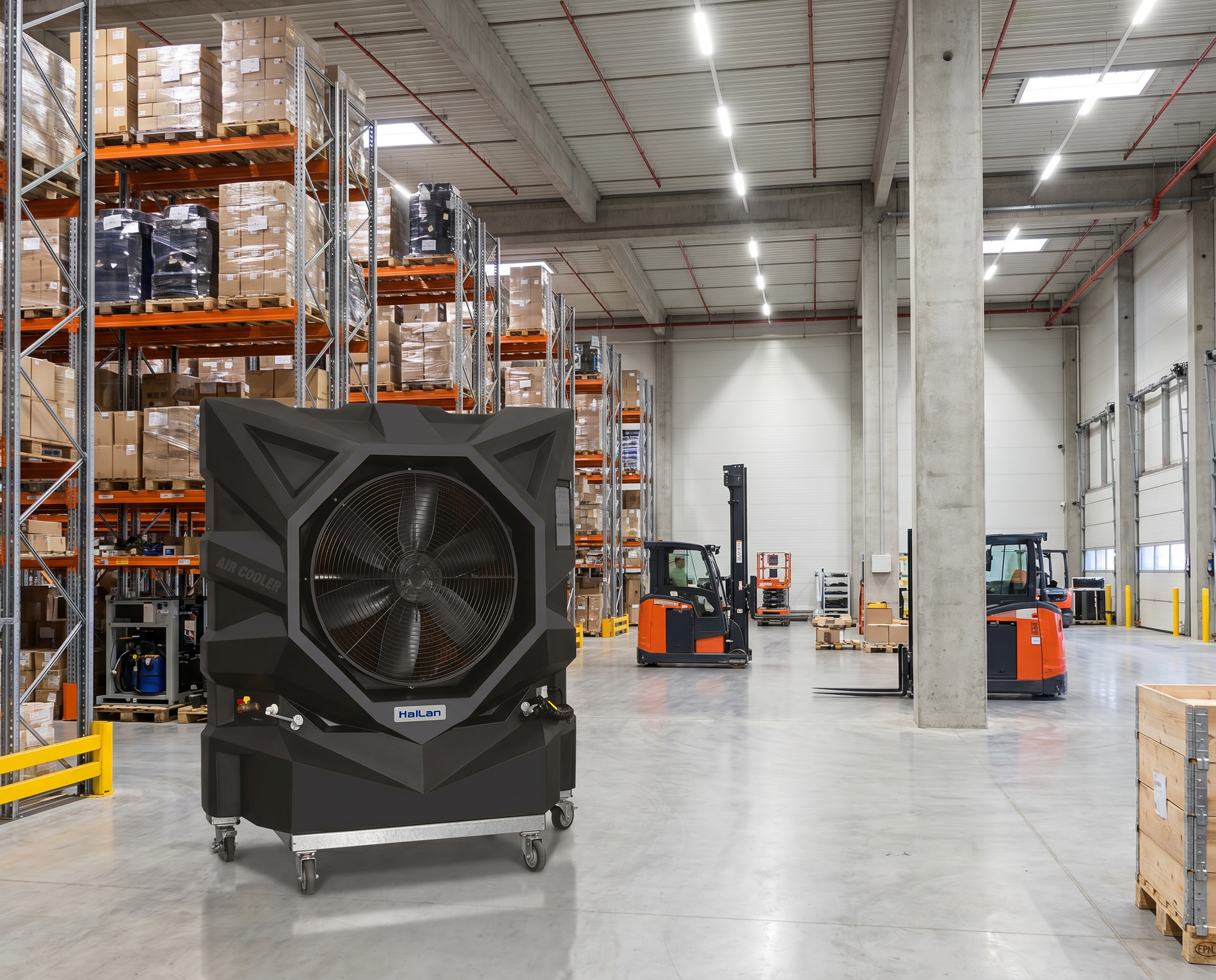Enfriador evaporativo industrial de gran capacidad operando en almacén logístico. Solución de enfriamiento industrial y climatización para bodegas