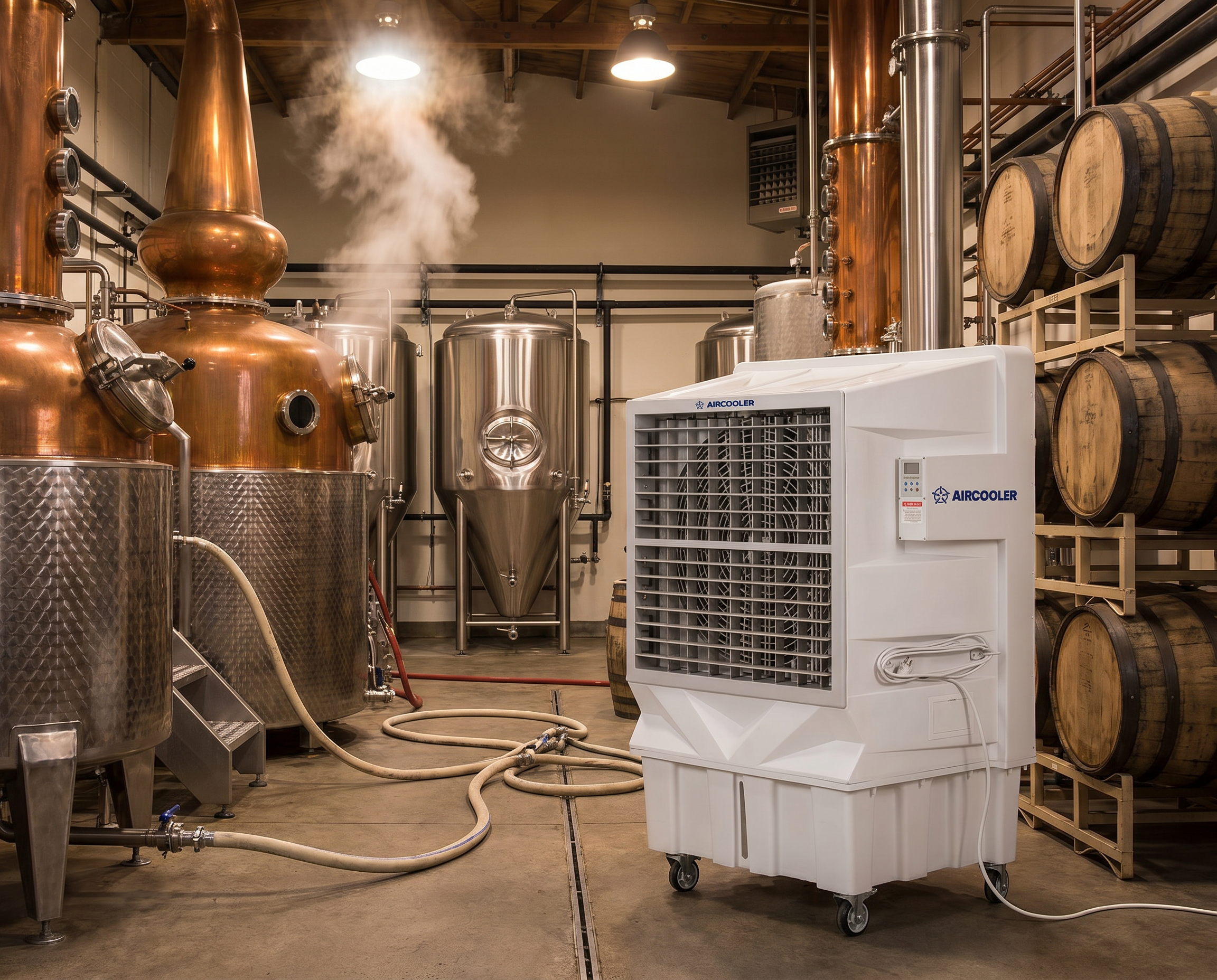 Climatización industrial con enfriadores evaporativos en destilería. Venta de aires lavados para la industria de bebidas